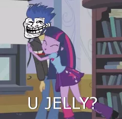 Size: 489x480 | Tagged: safe, derpibooru import, edit, edited screencap, screencap, flash sentry, twilight sparkle, equestria girls, equestria girls (movie), brad, cropped, female, flashlight, hug, male, shipping, straight, trollface