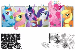 Size: 1240x840 | Tagged: safe, artist:pepsiso, derpibooru import, applejack, fluttershy, pinkie pie, princess celestia, princess luna, rainbow dash, rarity, twilight sparkle, twilight sparkle (alicorn), alicorn, pony, accessory swap, alicornified, applecorn, cosplay, element of generosity, everyone is an alicorn, fluttercorn, japanese, mane six, mane six alicorns, paint, pinkiecorn, pixiv, race swap, rainbowcorn, raricorn, translation, xk-class end-of-the-world scenario