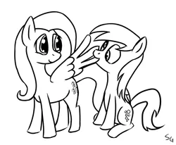Size: 1280x1053 | Tagged: safe, artist:saine grey, derpibooru import, derpy hooves, fluttershy, pegasus, pony, black and white, derpyshy, female, grayscale, lesbian, mare, monochrome, preening, shipping, simple background, white background