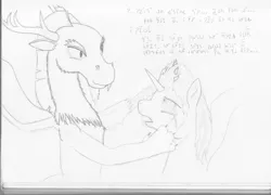 Size: 1024x738 | Tagged: safe, artist:roboponylove, derpibooru import, discord, oc, alicorn, draconequus, pony, alicorn oc, constructed language, discorded, female, gibberish, interrogation, male, mare, pencil drawing, scratching, sketch, stallion, text, traditional art, unreadable text