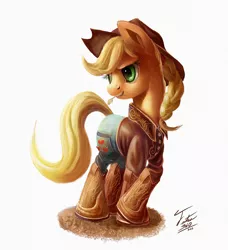 Size: 800x879 | Tagged: alternate hairstyle, applejack, artist:tsitra360, boots, braid, clothes, crossed hooves, derpibooru import, hoof boots, jeans, safe, solo, straw