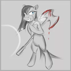 Size: 601x599 | Tagged: semi-grimdark, artist:poenitentia, derpibooru import, pinkie pie, earth pony, pony, axe, bipedal, blood, crying, female, mare, partial color, pinkamena diane pie, sketch, solo