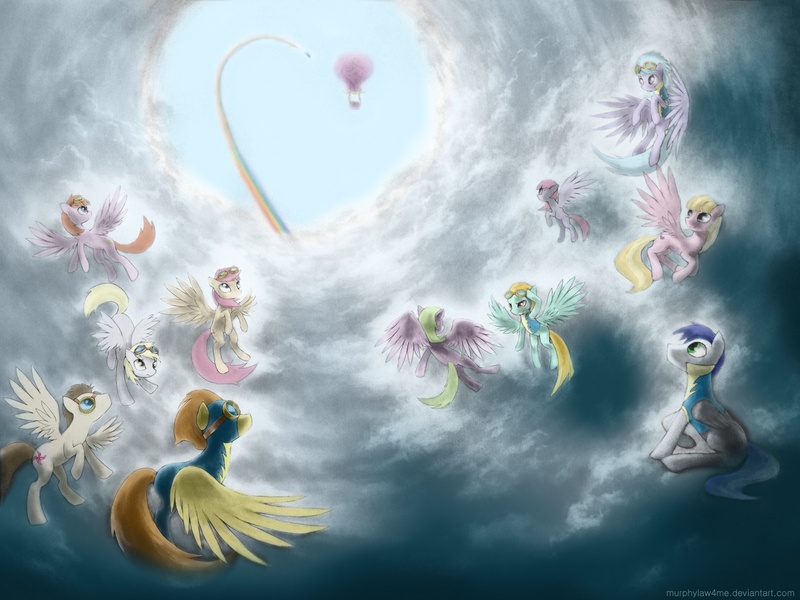 Size: 1600x1200 | Tagged: safe, artist:longren, artist:murphylaw4me, color edit, derpibooru import, edit, cloudchaser, derpy hooves, lightning dust, meadow flower, rainbow dash, spitfire, pegasus, pony, wonderbolts academy, balloon, clothes, cloud, cloudy, colored, female, flying, goggles, hot air balloon, male, mare, rainbow trail, sky, stallion, twinkling balloon, uniform, vertigo, wonderbolt trainee uniform, wonderbolts, wonderbolts uniform