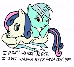 Size: 543x493 | Tagged: safe, artist:closer-to-the-sun, derpibooru import, bon bon, lyra heartstrings, sweetie drops, earth pony, pony, unicorn, adorabon, cuddling, cute, female, keep on loving you, lesbian, looking at each other, lyrabetes, lyrabon, one eye closed, reo speedwagon, shipping, simple background, snuggling, song reference, white background