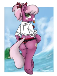 Size: 900x1200 | Tagged: suggestive, artist:pijinpyon, derpibooru import, cheerilee, earth pony, pony, semi-anthro, alternate hairstyle, attached skirt, bikini, bipedal, clothes, fat ass, female, flowerbutt, frilly, front knot midriff, lace, midriff, plot, sexy, shirt, solo, solo female, swimsuit, the ass was fat, thong, thong swimsuit, tongue out, underhoof