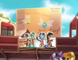 Size: 1299x1000 | Tagged: safe, artist:aurarrius, derpibooru import, bon bon, carrot top, golden harvest, lyra heartstrings, octavia melody, sweetie drops, vinyl scratch, written script, earth pony, parasprite, pony, unicorn, background pony, barbershop quartet, bioshock, bioshock infinite, bon bon is not amused, clothes, gay old time, goldenscript, have a gay old time, octavia is not amused, pun, quartet, singing, unamused