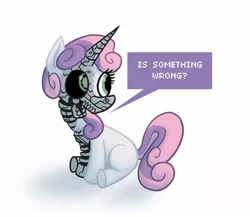 Size: 500x433 | Tagged: safe, artist:etall, derpibooru import, sweetie belle, pony, robot, robot pony, unicorn, blank flank, comic, female, filly, foal, hooves, horn, robot gore, simple background, sitting, solo, sweetie bot, white background