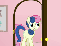 Size: 640x480 | Tagged: safe, artist:myminiatureequine, artist:ralek, derpibooru import, bon bon, lyra heartstrings, sweetie drops, earth pony, pony, unicorn, animated, awkward, awkward moment, bipedal, caught, clothes, door, eye contact, female, frown, funny, funny as hell, greatest internet moments, humie, i like pants, mare, pants, raised hoof, reflection, talking, that pony sure does love pants, wide eyes