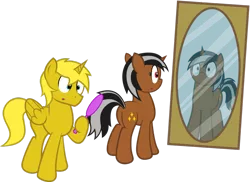 Size: 1024x745 | Tagged: safe, artist:clamstacker, derpibooru import, oc, oc:star sparkler, oc:ticket, unofficial characters only, alicorn, pony, alicorn oc, mirror, rule 63, simple background, ticketsparkler, transparent background