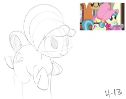 Size: 1181x930 | Tagged: safe, artist:saran rape, derpibooru import, apple bloom, jolene, earth pony, pony, family appreciation day, background pony, bonnet, female, mare, monochrome