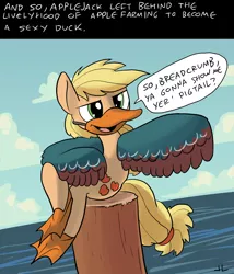 Size: 1350x1575 | Tagged: appleduck, applejack, artist:docwario, costume, derpibooru import, duck, duckface, literal duck face, suggestive, wat