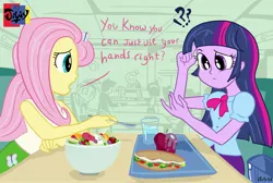 Size: 2475x1667 | Tagged: safe, artist:jowybean, derpibooru import, derpy hooves, fluttershy, granny smith, twilight sparkle, equestria girls, equestria girls (movie), apple, bag, bowl, bowtie, cafeteria, canterlot high, chair, clothes, dialogue, exclamation point, food, fruit, glass, hand, question mark, sandwich, spoon, table