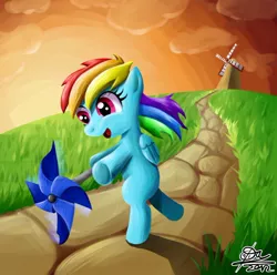 Size: 682x677 | Tagged: safe, artist:otlstory, derpibooru import, rainbow dash, pegasus, pony, bipedal, blank flank, filly, filly rainbow dash, foal, grass, grass field, pathway, scenery, signature, solo, windmill, younger