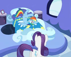 Size: 1000x804 | Tagged: artist needed, bed, caught, derpibooru import, implied autocunnilingus, rainbow dash, rarity, source needed, suggestive, wingless