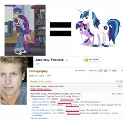 Size: 800x800 | Tagged: safe, derpibooru import, flash sentry, shining armor, twilight sparkle, equestria girls, equestria girls (movie), andrew francis, brad, false, hilarious in hindsight, imdb, inaccurate, voice actor