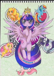 Size: 2480x3507 | Tagged: safe, artist:darknessa-desu, derpibooru import, applejack, fluttershy, pinkie pie, rainbow dash, rarity, twilight sparkle, twilight sparkle (alicorn), alicorn, pony, big crown thingy, female, mane six, mare, traditional art