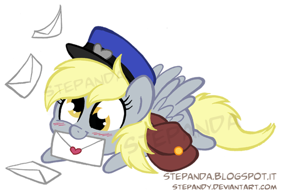 Size: 550x377 | Tagged: safe, artist:stepandy, derpibooru import, derpy hooves, pegasus, pony, bag, blushing, chibi, cute, female, hat, letter, mail, mailbag, mailmare, mailpony, mare, mouth hold
