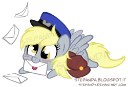 Size: 550x377 | Tagged: safe, artist:stepandy, derpibooru import, derpy hooves, pegasus, pony, bag, blushing, chibi, cute, female, hat, letter, mail, mailbag, mailmare, mailpony, mare, mouth hold