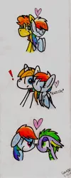 Size: 878x2205 | Tagged: safe, artist:colorfulwonders, derpibooru import, braeburn, prince blueblood, rainbow dash, spike, dragon, pegasus, pony, bedroom eyes, bluedash, boop, braedash, cute, daaaaaaaaaaaw, exclamation point, eye contact, eyes closed, female, floating heart, floppy ears, heart, holiday, looking at each other, male, noseboop, nuzzling, rainbow dash gets all the stallions, rainbowspike, shipping, smiling, straight, surprised, traditional art, wide eyes