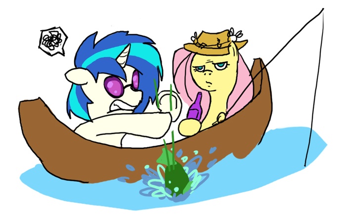 Size: 700x435 | Tagged: artist:moronsonofboron, bass guitar, boat, bottle, drop the bass, fish, fishing, fishing rod, fluttershy, musical instrument, pun, safe, vinyl scratch, water