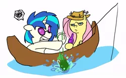 Size: 700x435 | Tagged: artist:moronsonofboron, bass guitar, boat, bottle, drop the bass, fish, fishing, fishing rod, fluttershy, musical instrument, pun, safe, vinyl scratch, water