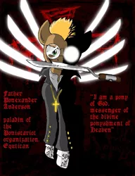 Size: 785x1024 | Tagged: artist needed, bayonet, cross, derpibooru import, father alexander anderson, glasses, hellsing, knife, ponified, safe