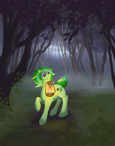 Size: 1011x1285 | Tagged: artist:jewlecho, derpibooru import, forest, lantern, mouth hold, oc, oc:thistle charm, safe, solo, unofficial characters only