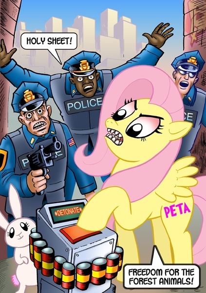 Size: 635x900 | Tagged: alternate cutie mark, angel bunny, artist:curtsibling, body armor, bomb, derpibooru import, fluttershy, gun, handgun, hat, human, peaked cap, peta, police, revolver, safe, suicide bomber, sunglasses, terrorism, terrorist, urban, vulgar, weapon