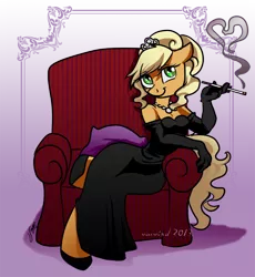 Size: 736x800 | Tagged: alternate hairstyle, anthro, applejack, artist:warwind, chair, cigarette, cigarette holder, clothes, couch, derpibooru import, dress, evening gloves, fancy, gloves, jewelry, long gloves, safe, smoking, solo, tiara, unguligrade anthro