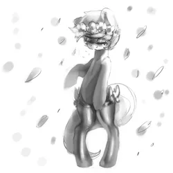 Size: 870x870 | Tagged: safe, artist:mewball, derpibooru import, lyra heartstrings, pony, unicorn, bipedal, clothes, crying, floral head wreath, flower, flower in hair, garland, grayscale, missing horn, monochrome, solo, stockings, thigh highs