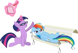 Size: 5113x3500 | Tagged: safe, artist:vaderpl, derpibooru import, rainbow dash, twilight sparkle, pegasus, pony, unicorn, lesson zero, absurd resolution, alternate hairstyle, bench, clipboard, duo, eyes closed, female, frown, glasses, hair bun, levitation, magic, mare, on back, open mouth, quill, rainbow dash is not amused, simple background, sitting, smiling, telekinesis, therapist, transparent background, twilight's professional glasses, unamused, unicorn twilight, vector