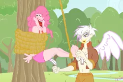 Size: 1343x890 | Tagged: artist:fr-13, barefoot, bondage, derpibooru import, feather, feet, female, gilda, gildapie, humanized, laughing, lesbian, pinkie pie, rope, safe, shipping, tickle torture, tickling, tree, winged humanization