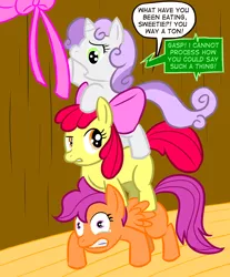 Size: 978x1184 | Tagged: safe, artist:zanezandell, derpibooru import, apple bloom, scootaloo, sweetie belle, earth pony, pegasus, pony, robot, robot pony, unicorn, friendship is witchcraft, blank flank, comic, cutie mark crusaders, female, filly, foal, hooves, horn, misspelling, open mouth, speech bubble, spread wings, sweetie bot, teeth, wings