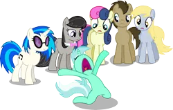Size: 12861x8171 | Tagged: safe, artist:vector-brony, derpibooru import, bon bon, derpy hooves, doctor whooves, lyra heartstrings, octavia melody, sweetie drops, time turner, vinyl scratch, earth pony, pegasus, pony, unicorn, absurd resolution, background six, bowtie, cutie mark, eyes closed, female, hooves, horn, kneeling, male, mare, open mouth, simple background, smiling, stallion, sunglasses, transparent background, vector, wings