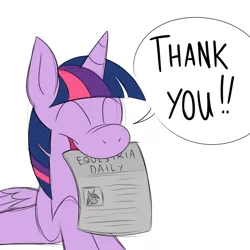 Size: 700x700 | Tagged: safe, artist:karpet-shark, derpibooru import, twilight sparkle, twilight sparkle (alicorn), alicorn, pony, equestria daily, twily-daily, dialogue, female, happy, mare, mouth hold, newspaper, solo, speech bubble, thank you