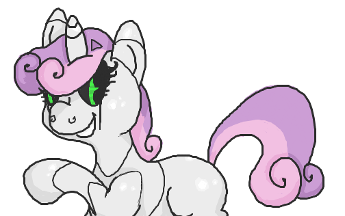 Size: 504x316 | Tagged: artist needed, safe, derpibooru import, sweetie belle, pony, robot, unicorn, blank flank, female, filly, foal, hooves, horn, simple background, smiling, solo, sweetie bot, teeth, white background