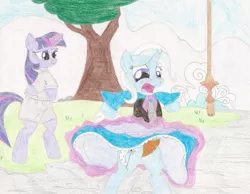 Size: 1013x788 | Tagged: artist:wjmmovieman, assisted exposure, clothes, derpibooru import, dress, dress lift, embarrassed, embarrassed underwear exposure, humiliation, magic, magic abuse, panties, payback, prank, skirt, skirt lift, suggestive, traditional art, trixie, twilight sparkle, underwear, upskirt