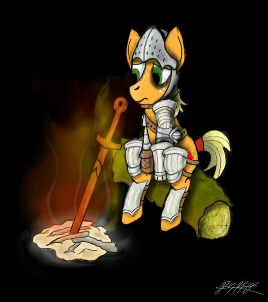 Size: 624x702 | Tagged: applejack, armor, artist:1ltdaniels, bonfire, dark souls, derpibooru import, freckles, helmet, ponified, sad, safe, sitting, video game