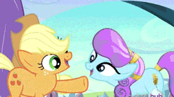 Size: 598x336 | Tagged: safe, derpibooru import, screencap, applejack, sapphire joy, crystal pony, earth pony, pony, the crystal empire, animated, background pony, blinking, cowboy hat, cute, eye contact, female, hat, head tilt, jackabetes, looking at each other, mare, open mouth, raised hoof, silly, silly pony, smiling, stetson, who's a silly pony