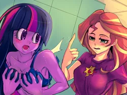 Size: 800x600 | Tagged: suggestive, alternate version, artist:bakki, derpibooru import, sunset shimmer, twilight sparkle, equestria girls, equestria girls (movie), armpits, beckoning, blushing, bra, breasts, clothes, cutie mark, female, imminent sex, indoors, inviting, lesbian, long hair, open mouth, scene interpretation, shipping, sunset motherfucking shimmer, sunsetsparkle, tongue out, underwear, unhook bra