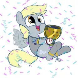 Size: 800x800 | Tagged: safe, artist:aa, derpibooru import, derpy hooves, pegasus, pony, /mlp/, 4chan, 4chan babby cup, 4chan cup, babby cup, buzzing wings, clothes, confetti, cute, derpabetes, female, football, futbol, happy, jersey, mare, mvp, safest hooves, socks, solo, sports, trophy, victory, winner