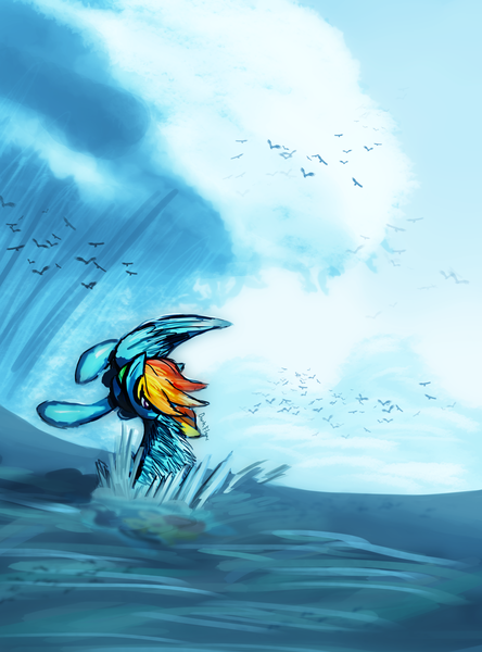 Size: 3067x4140 | Tagged: artist:darkflame75, derpibooru import, flying, rain, rainbow dash, safe, skimming, solo, splash, water