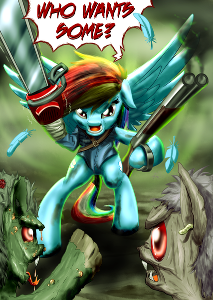 Size: 2456x3450 | Tagged: artist:mykegreywolf, ash williams, boomstick, chainsaw, crossover, derpibooru import, double barreled shotgun, evil dead, ghoul, grotesque, gun, rainbow dash, shotgun, weapon