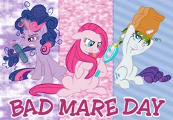 Size: 900x626 | Tagged: safe, artist:toonicorn, derpibooru import, pinkie pie, twilight sparkle, bad mane day, bag, comb, green hair, mane, messy mane, mirror, paper bag, pinkamena diane pie, pun, tongue out