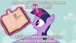 Size: 1280x720 | Tagged: book, derpibooru import, dissonance, image macro, imminent rape, suggestive, text, twilight sparkle, whipped cream, whipped cream background pony