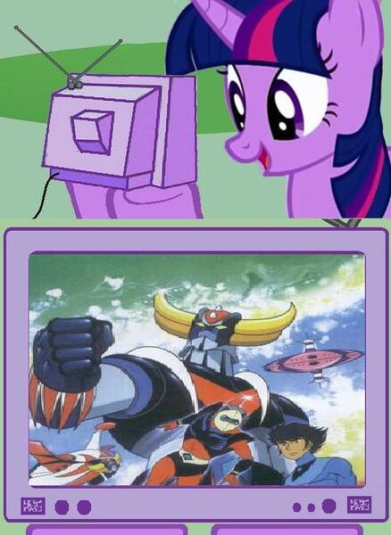 Size: 511x700 | Tagged: derpibooru import, exploitable meme, goldorak, goldrake, grandizer, grendizer, mazinger, safe, tv meme, twilight sparkle, ufo robo grendizer