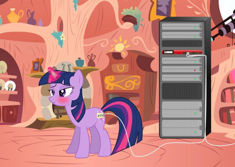 Size: 2987x2125 | Tagged: artist needed, questionable, derpibooru import, twilight sparkle, pony, unicorn, bedroom eyes, blushing, cross cable, eth0, ethernet, female, glowing horn, hornboner, linux, magic, magical unicorn access point, mare, router, server, smiling, solo, solo female, twi-fi, twilight server, wat, wi-fi, wlan0