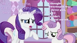 Size: 994x559 | Tagged: derpibooru import, image macro, implications, rarity, safe, sweetie belle, sweetiepoo, text