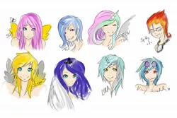 Size: 1280x853 | Tagged: artist:lyraliciouslyra, derpibooru import, derpy hooves, fluttershy, horned humanization, humanized, lyra heartstrings, princess celestia, princess luna, safe, sketch, spitfire, trixie, vinyl scratch, winged humanization