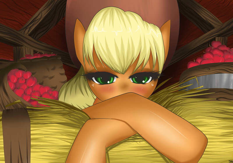 Size: 4000x2800 | Tagged: apple, applejack, artist:mricantdraw, barn, basket, bedroom eyes, blushing, derpibooru import, hay, no nose, safe